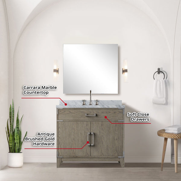 English Elm Grey Oak Single Bath Vanity Set With Carrara Marble Top, Chrome Faucet & 34” Mirror For Chic Bathrooms B2731S02011