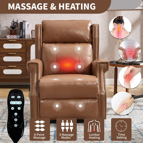 English Elm Emon's Overstuffed Chenille Power Lift Recliner with Massage Heat and Charging Ports Camel W1803S00093