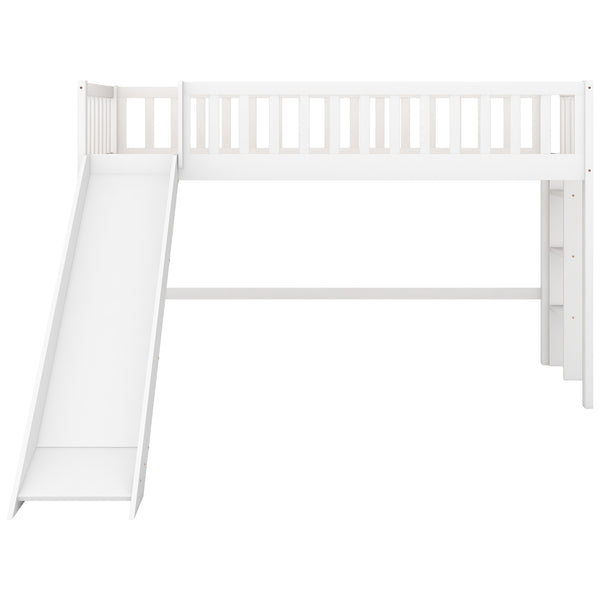 English Elm Twin Low Loft Bed with Slide and Ladder — Space-Saving Pine & MDF Frame, Quiet Durable Design White WF286078AAK