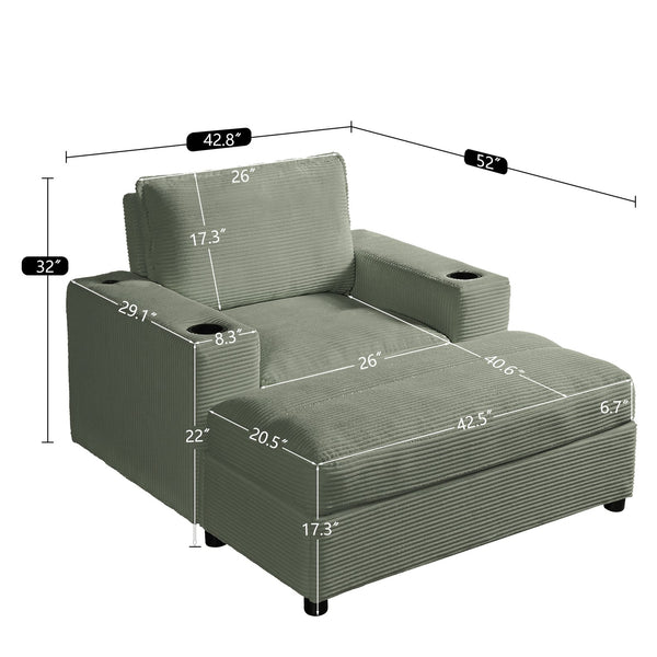 English Elm Christopher Knight Home® - 42.8" Oversized Chaise Lounge with Storage Ottoman, Corduroy Upholstery, USB Port & Cup Holders for Cozy Living Space Green N765P350851N