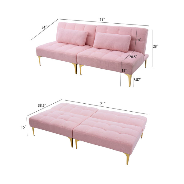 English Elm 71" Convertible Sofa Bed Futon in Plush Teddy Fabric Pink with Gold Metal Legs, 3-Seater, 600lb Capacity W1097S00100
