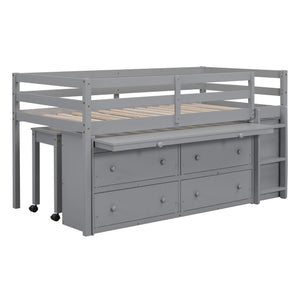 English Elm Twin Loft Bed Pinewood Frame Four Drawers Retractable Study Desk Kids Bedroom Gray LT000368AAE