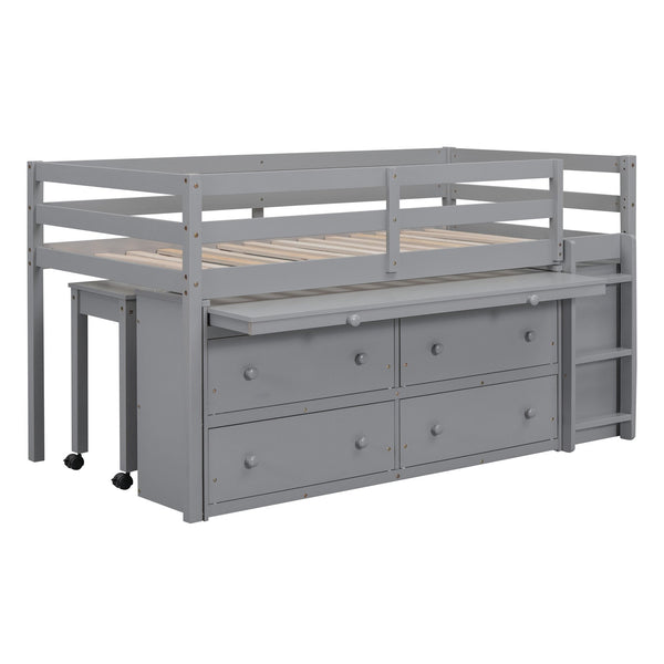 English Elm Twin Loft Bed Pinewood Frame Four Drawers Retractable Study Desk Kids Bedroom Gray LT000368AAE