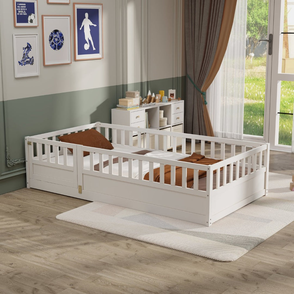 English Elm Twin Montessori Floor Bed Frame With Safety Barrier & Child-Friendly Door - Cozy White Design! W1858P164923-GIGA