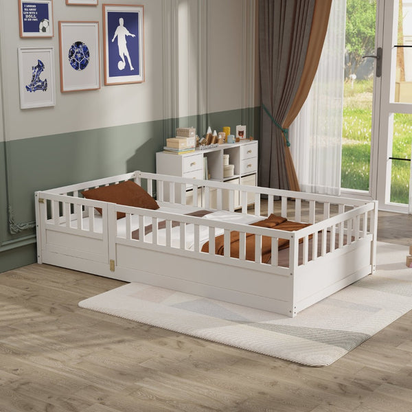 English Elm Twin Montessori Floor Bed Frame With Safety Barrier & Child-Friendly Door - Cozy White Design! W1858P164923-GIGA