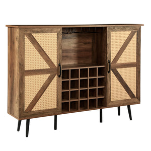 English Elm Oak Rustic Wine Cabinet with Faux Rattan Barn Doors, 20-Bottle Rack, Glass Holders, Adjustable Shelves W2702P183971