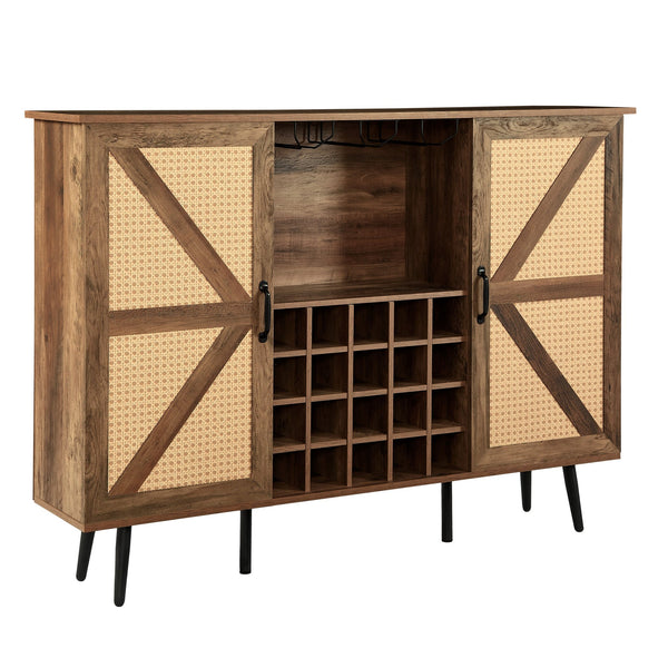 English Elm Oak Rustic Wine Cabinet with Faux Rattan Barn Doors, 20-Bottle Rack, Glass Holders, Adjustable Shelves W2702P183971