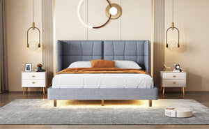 English Elm Queen Upholstered Platform Bed with LED Lights, U-Shaped Headboard, Linen Fabric, Sturdy Metal Legs Gray SF000151AAE