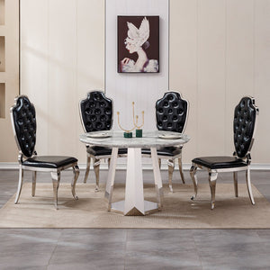 English Elm 47" Round Marble Dining Table - Elegant High Gloss Faux Marble Top & Durable Stainless Steel Base W3456S00008