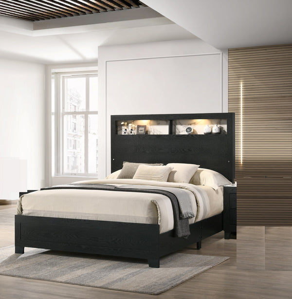 English Elm 1pc King Size Panel Bed with LED Backlit High Headboard and Built-in Shelving for Luxe Storage Black,White 82.4 L x 31.77 W x 5.94 H B2741P330100