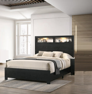English Elm 1pc Queen Size Panel Bed Headboard with LED Lighting, Sleek Sloping Design and Built-In Shelves for Storage and Ambiance Black,White 66.65 L x 31.77 W x 5.94 H B2741P330088