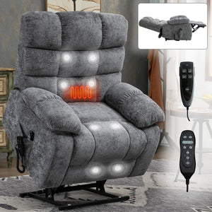English Elm Lift Power Recliner Chenille Chair Dual Motor Massage Heat 350 Lb Capacity Living Room Grey W3224P288618