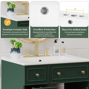 English Elm 24" Forest Green Bathroom Vanity Cabinet with Ceramic Sink, Soft-Close Door, 2 Drawers, Open-Back Access for Easy Plumbing and Durable Solid-Wood Frame N729P264336G