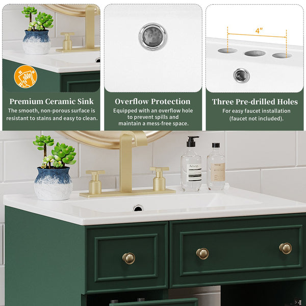 English Elm 24" Forest Green Bathroom Vanity Cabinet with Ceramic Sink, Soft-Close Door, 2 Drawers, Open-Back Access for Easy Plumbing and Durable Solid-Wood Frame N729P264336G