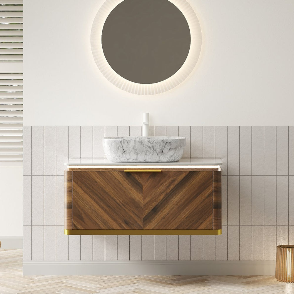 English Elm Dipa 36" Floating Bathroom Vanity & Sink With Marble Basin, Led Light, Dark Walnut Storage Cabinet W2615S00297
