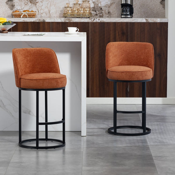 English Elm Counter Height Barstools Set of 2 Linen Upholstered Barrel Seat with Iron Legs Orange W395P410432