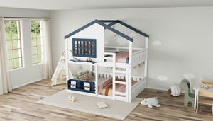 English Elm Full Bunk Bed with Trundle Bookshelf Storage Pine Frame Car Design for Kids White W1580S00552