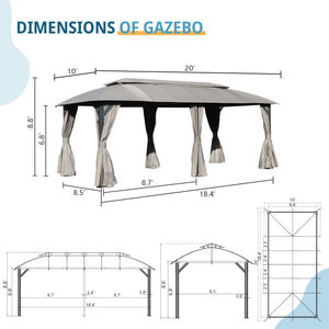English Elm Gazebo 10X20Ft - Durable Heavy-Duty Outdoor Canopy With Double Roofs, Privacy Curtains & Netting W1859S00084