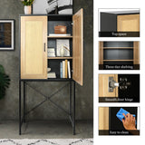 English Elm 59'' High Elegant Cabinet With 2 Rattan Doors Bedroom Living Room Kitchen Cupboard Wooden Furniture With 3-Tier Shelving X-Shaped Supporting Bars Easy Assembly Nature Color