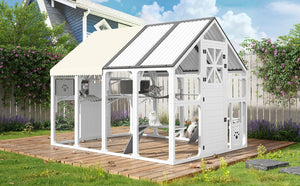 English Elm Large Walk-in Pine Wood Catio Enclosure with Platforms Resting Boxes and Planter Grey,White N704G201618K
