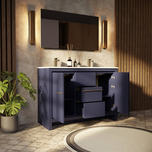 English Elm Navy Blue Double Vanity With White Quartz Top & Gun Metal Faucet - Stylish Storage For Your Bath B2731P259391