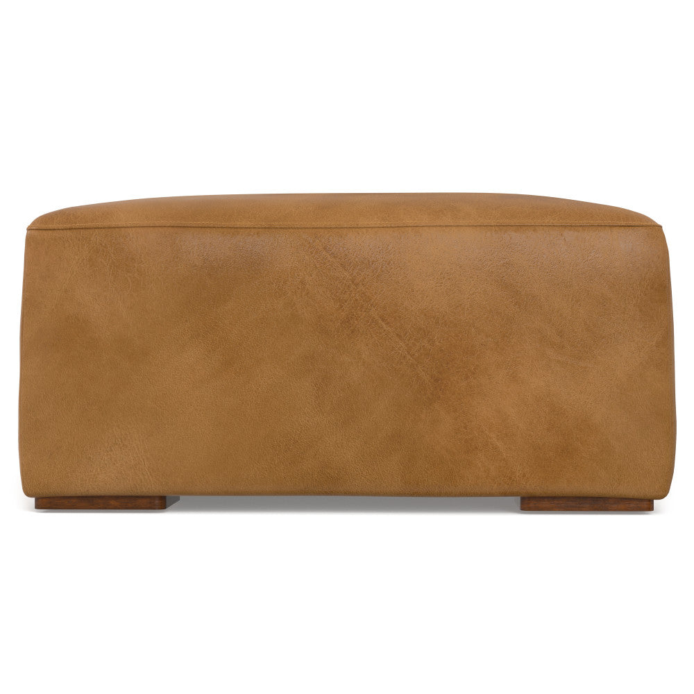 English Elm Rex Brown Sienna Leather Ottoman — Modern Boxy Footrest or Coffee Table, Solid Wood Frame, 36.6" x 34.7" B136P203410