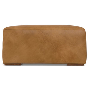 English Elm Rex Brown Sienna Leather Ottoman — Modern Boxy Footrest or Coffee Table, Solid Wood Frame, 36.6" x 34.7" B136P203410