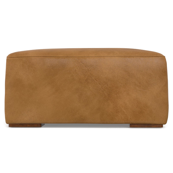 English Elm Rex Brown Sienna Leather Ottoman — Modern Boxy Footrest or Coffee Table, Solid Wood Frame, 36.6" x 34.7" B136P203410