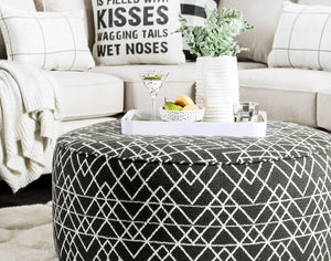 English Elm Contemporary Round Upholstery Ottoman With Elegant Welt Trim - Versatile Black And Ivory Accent Piece B2741P356313