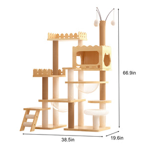 English Elm 66.9" Tall Wood Cat Tree with Acrylic Hammock Sisal Posts and Perch for Indoor Cats W3101P445946