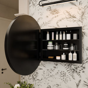 English Elm 23.6 Inch Round Matte Metal Medicine Cabinet with Mirrored Door and Adjustable Shelves Black W1435P312263