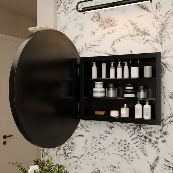 English Elm 23.6 Inch Round Matte Metal Medicine Cabinet with Mirrored Door and Adjustable Shelves Black W1435P312263