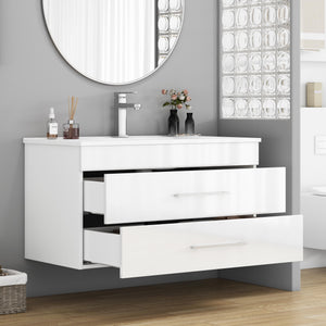 English Elm 36-Inch Modern Wall-Mounted Bathroom Vanity With Soft-Close Drawers & Glossy White Ceramic Sink W3151S00050