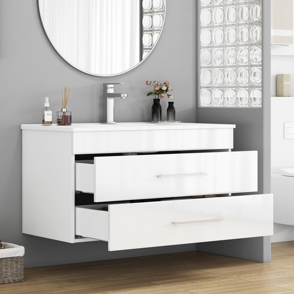 English Elm 36-Inch Modern Wall-Mounted Bathroom Vanity With Soft-Close Drawers & Glossy White Ceramic Sink W3151S00050