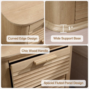 English Elm 22" Fluted Wood Nightstand with Built-in Charging Station Three Drawer Bedside Storage Oak T5326P431150