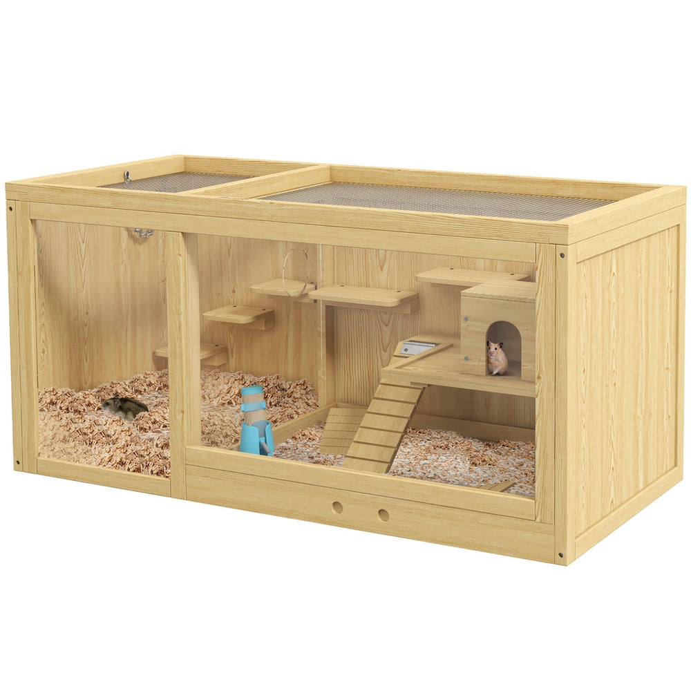 English Elm Pawhut Fir Wood Hamster Habitat Two Level Gerbil Enclosure with Ladder and Seesaw W2225P173819