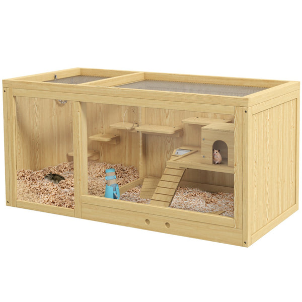 English Elm Pawhut Fir Wood Hamster Habitat Two Level Gerbil Enclosure with Ladder and Seesaw W2225P173819