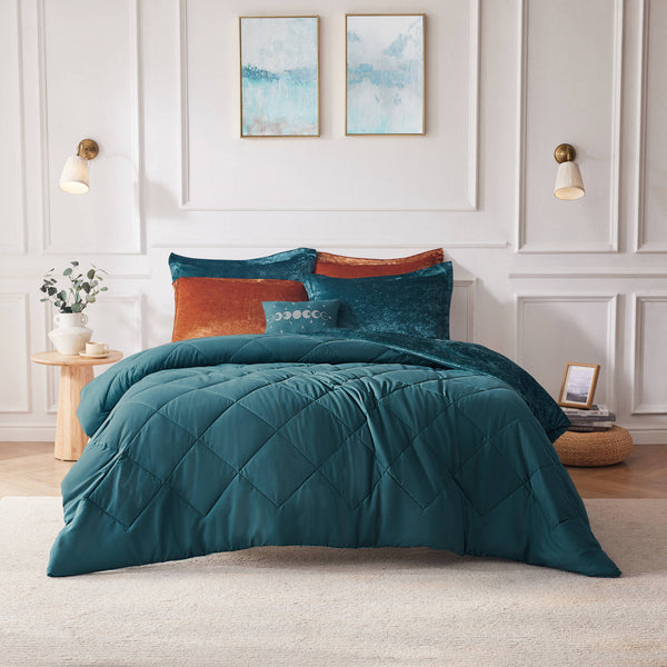 JLA Home Intelligent Design - Velvet Crushed Velvet Duvet Cover Set with Quilted Diamond Texture, Button Closure, Luxe Feel Teal ID12-1907