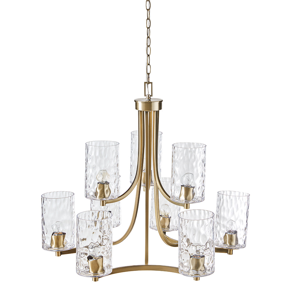 JLA Home Hampton Hill - 9-light Antique Brass Round Tiered Chandelier with Textured Glass Shades, Adjustable Chain, LED Ready FB150-1190