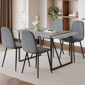 English Elm Table Set: Minimalist Retro Dining Table With Textured Top & 4 Soft Chairs, Black Metal Legs W1151S03836-GIGA