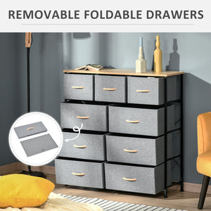 English Elm HOMCOM 9-Drawer Storage Chest with Wood Top & Steel Frame, Foldable Fabric Bins, Anti-Tip Protection W2225P217735
