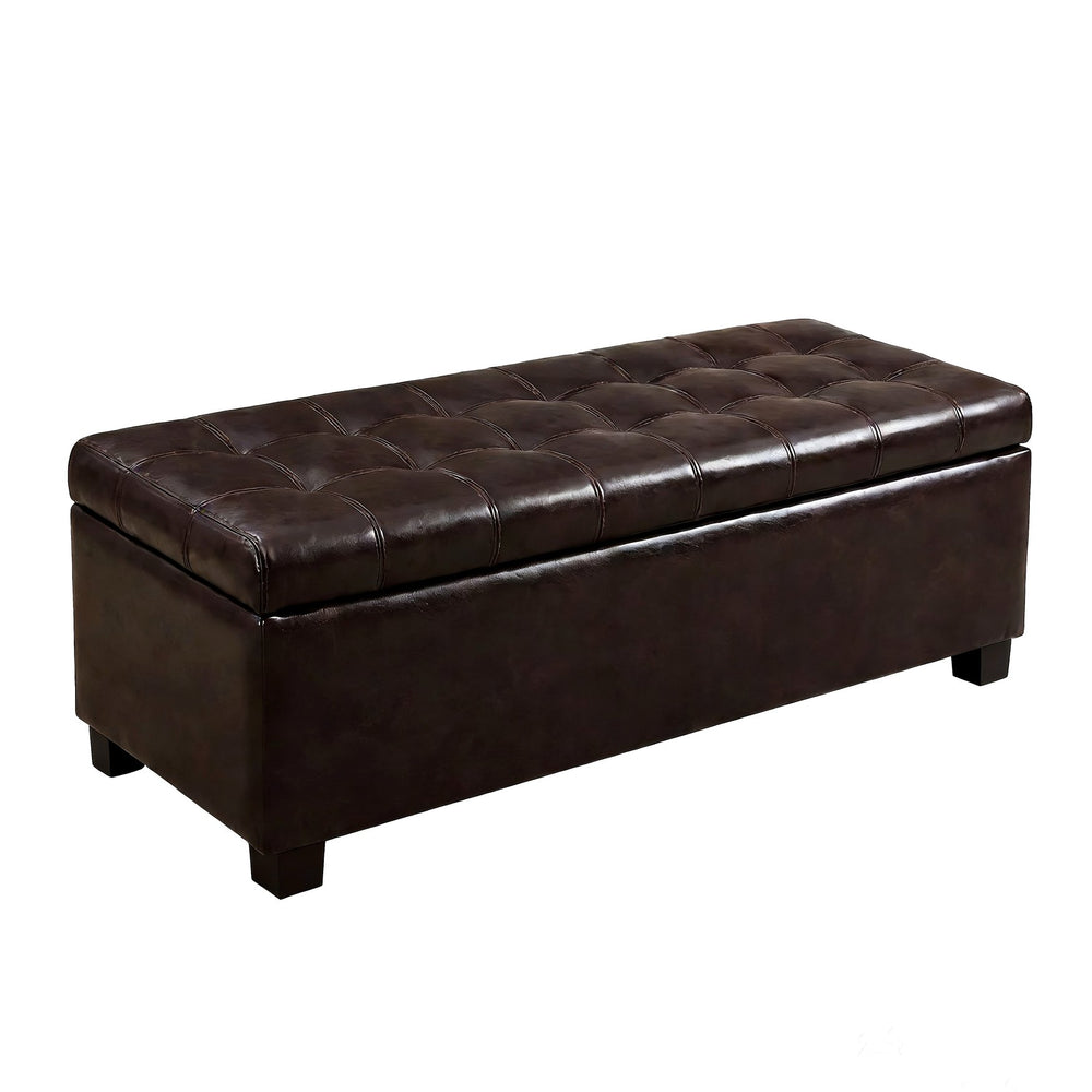 English Elm Storage Bench Tufted Upholstered Entryway Seat with Hinged Lid and Wooden Legs W5325P423784
