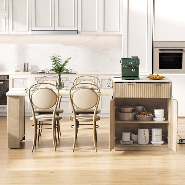 English Elm K&K Fluted Kitchen Island with Extendable Dining Table, Art Deco Mid-Century Design, Built-In Power Hub, Gold Handle Natural N707S000018Y