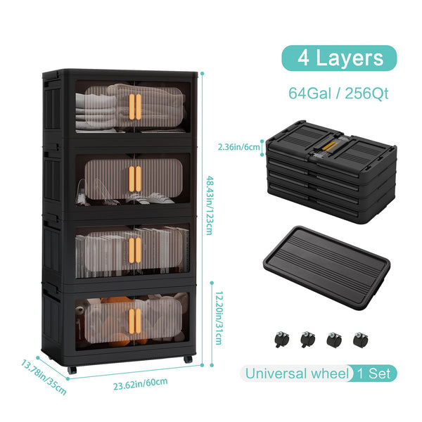 English Elm Black, 24" Side Wide Folding Storage Cabinet 5-Tier Collapsible Plastic Organizer with Wheels, Durable PP Panels for Home and Garage Use W2873P289713