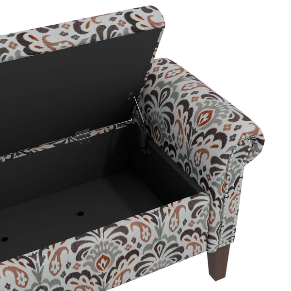 English Elm Wallen Traditional Upholstered Storage Ottoman Bench with Nailhead Trim and Vine Pattern Multi B127P409581