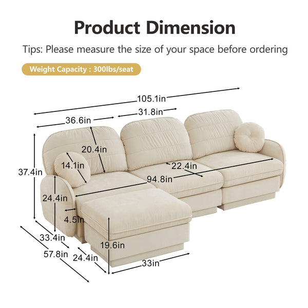 English Elm 105" Chenille Cloud Sofa Deep Seat Three Seater with Quilted Back for Living Room W714S01751