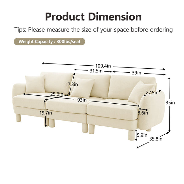 English Elm Boucle 3-Seater Sofa With Chic Shell-Shaped Armrests, Cylindrical Legs, And Plush Beige Upholstery W3041S00276