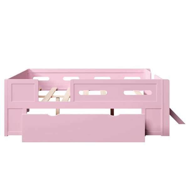 English Elm Wood Twin Platform Bed for Kids with Fence Guardrail and Under Storage Drawer Pink N709P385776H