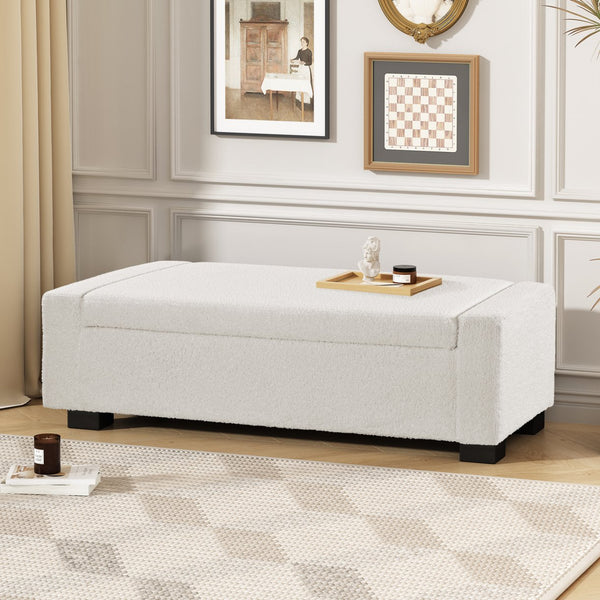 English Elm 50" Upholstered Storage Bench Textured Fabric Hinged Lid Birch Legs Bedroom Entryway N767P397108B