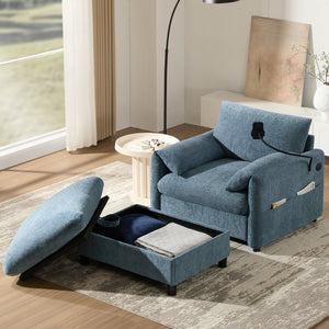 English Elm 37" Oversized Chenille Armchair with Ottoman Usb Charging Pocket Spring Living Room Blue N723P387145C